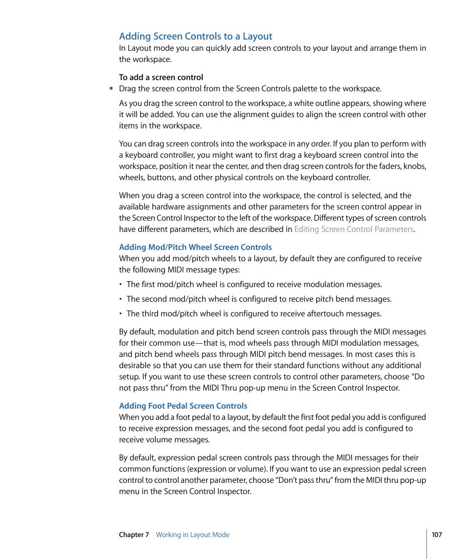 Adding screen controls to a layout, Adding mod/pitch wheel screen controls, Adding foot pedal screen controls | Apple MainStage 2 User Manual | Page 107 / 172