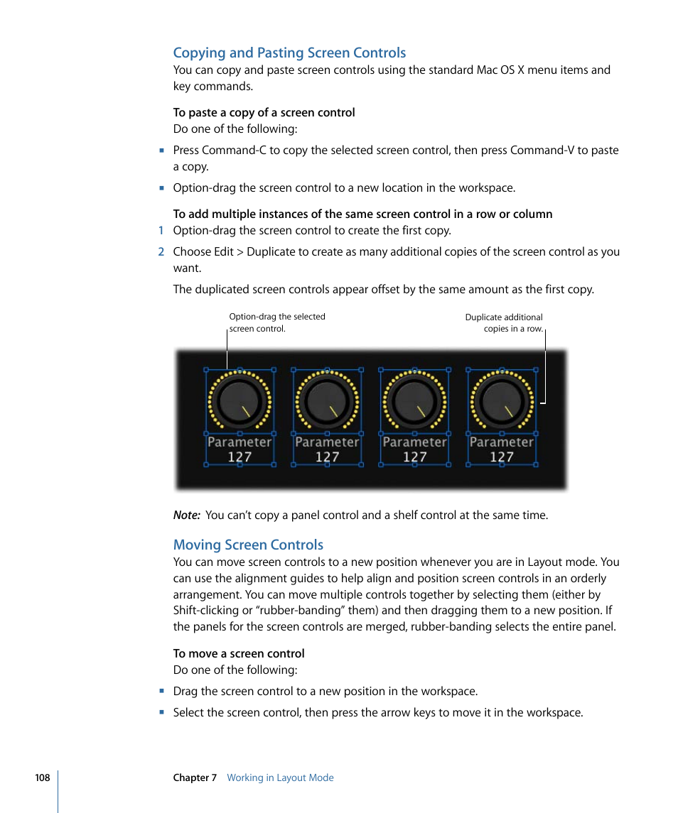 Copying and pasting screen controls, Moving screen controls | Apple MainStage 2 User Manual | Page 108 / 172