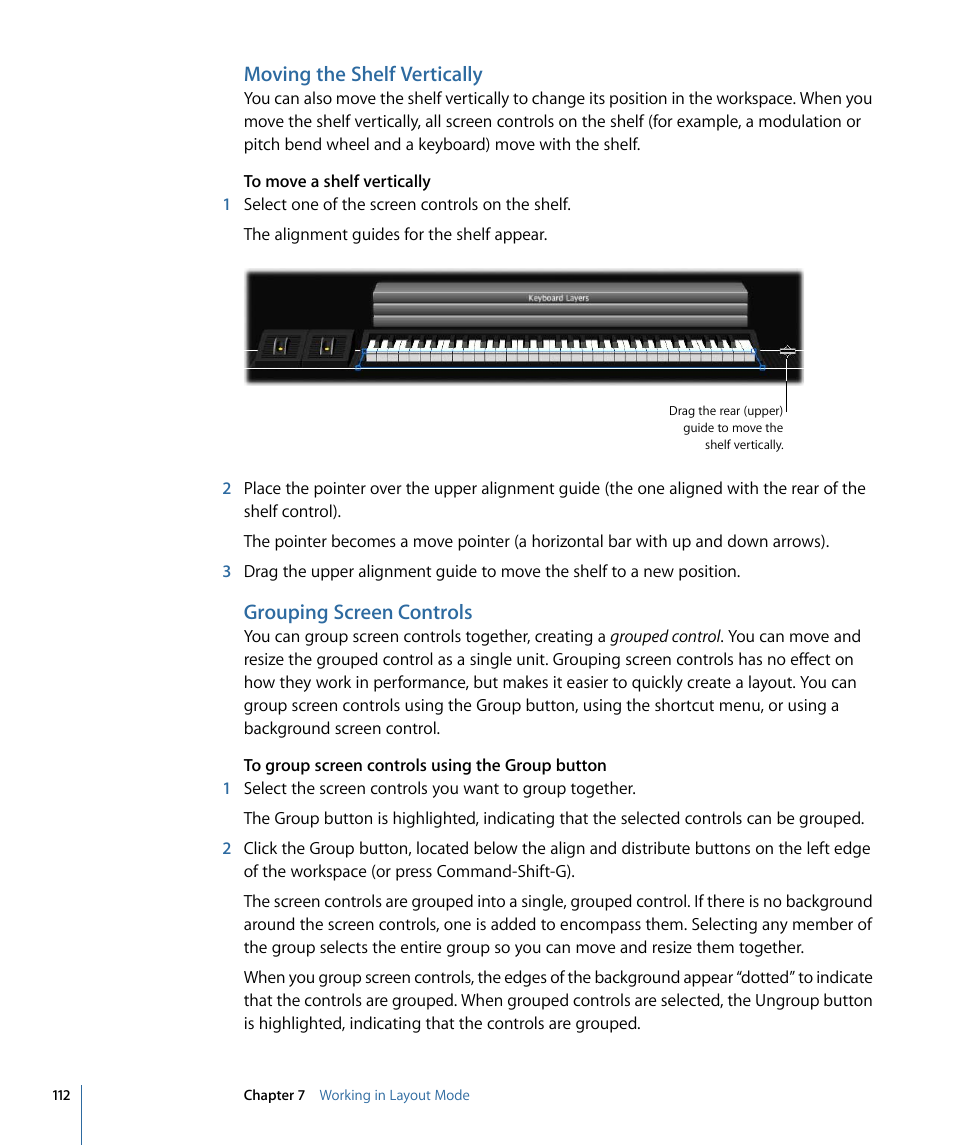 Moving the shelf vertically, Grouping screen controls | Apple MainStage 2 User Manual | Page 112 / 172