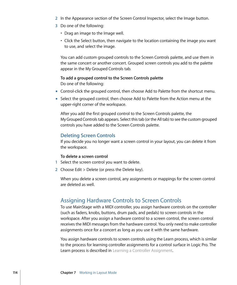 Deleting screen controls, Assigning hardware controls to screen controls, Assigning hardware controls | To screen controls | Apple MainStage 2 User Manual | Page 114 / 172
