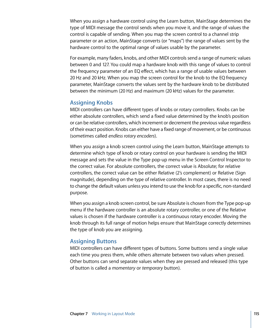 Assigning knobs, Assigning buttons | Apple MainStage 2 User Manual | Page 115 / 172