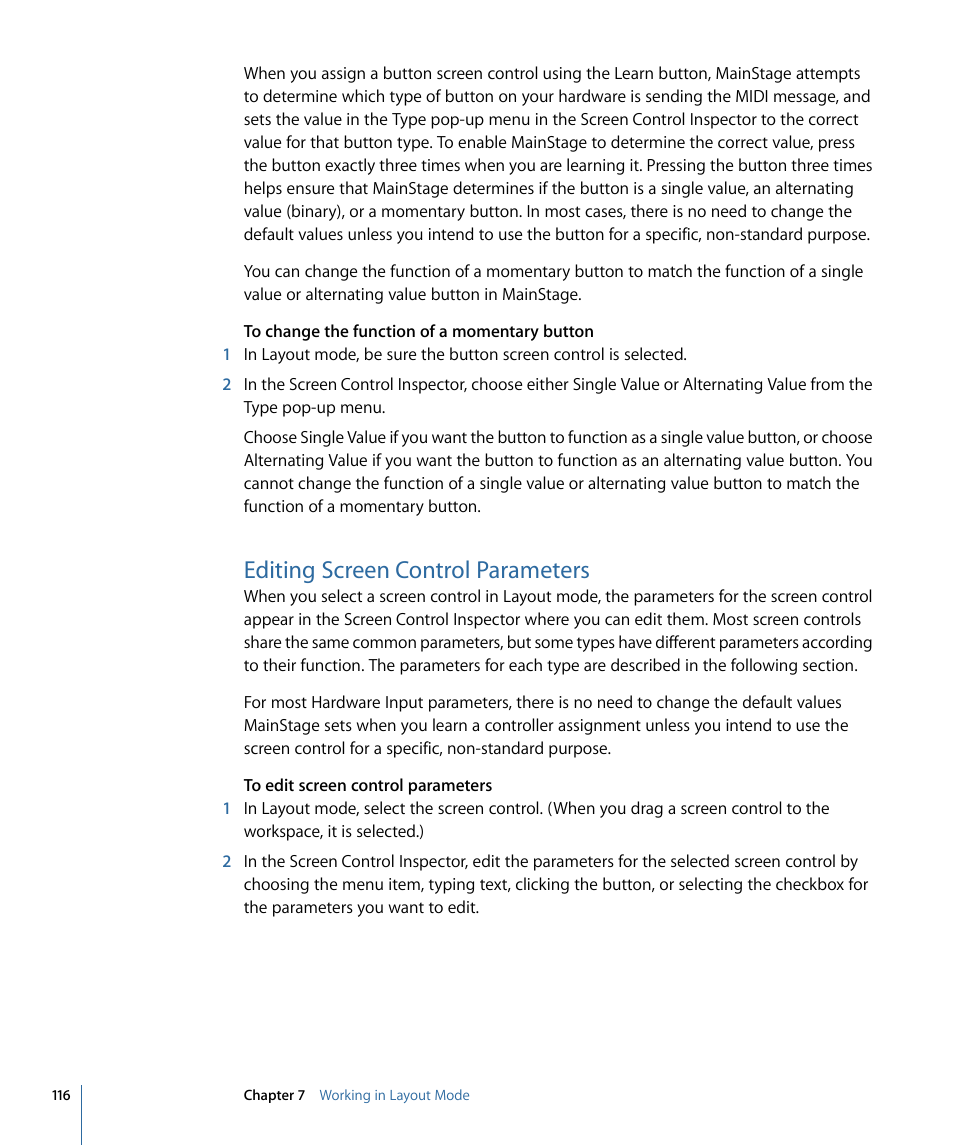 Editing screen control parameters | Apple MainStage 2 User Manual | Page 116 / 172