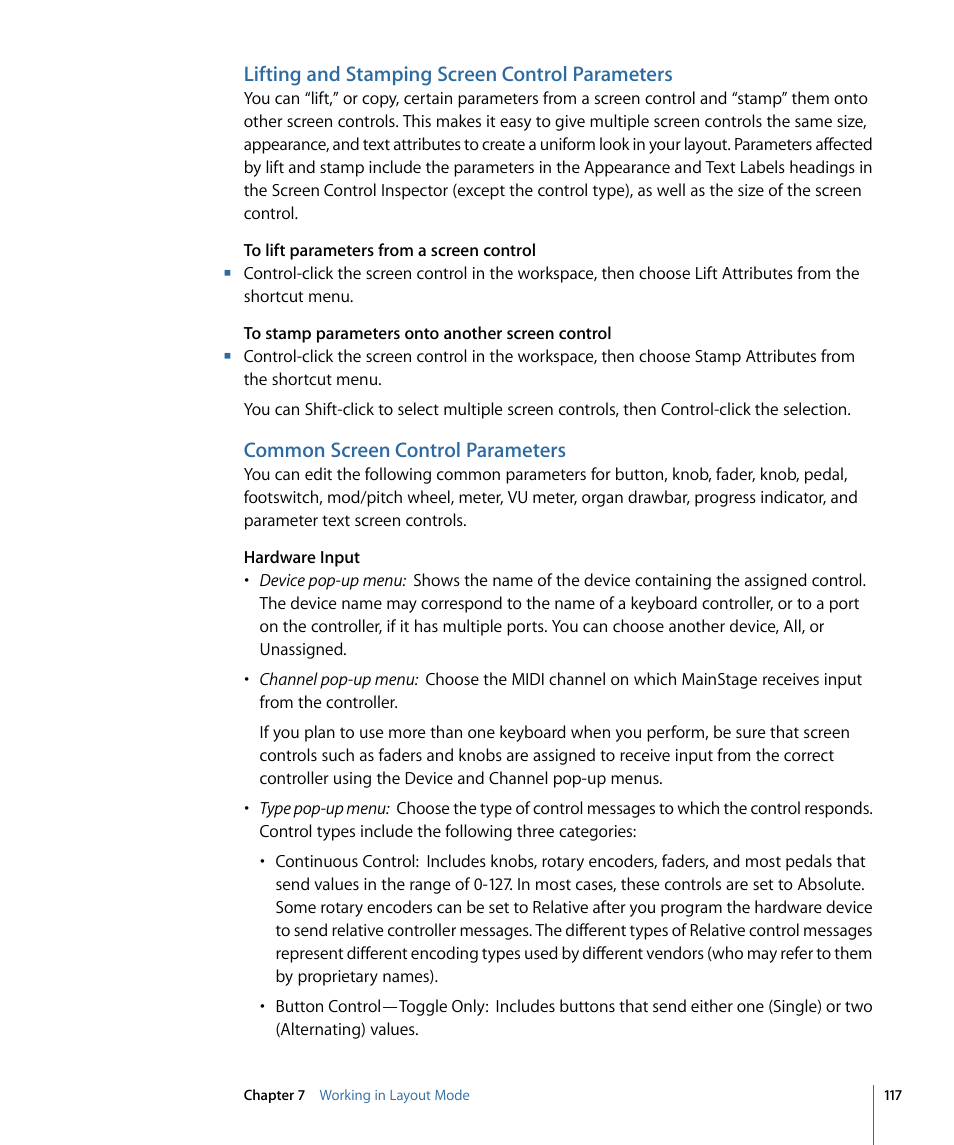 Lifting and stamping screen control parameters, Common screen control parameters | Apple MainStage 2 User Manual | Page 117 / 172