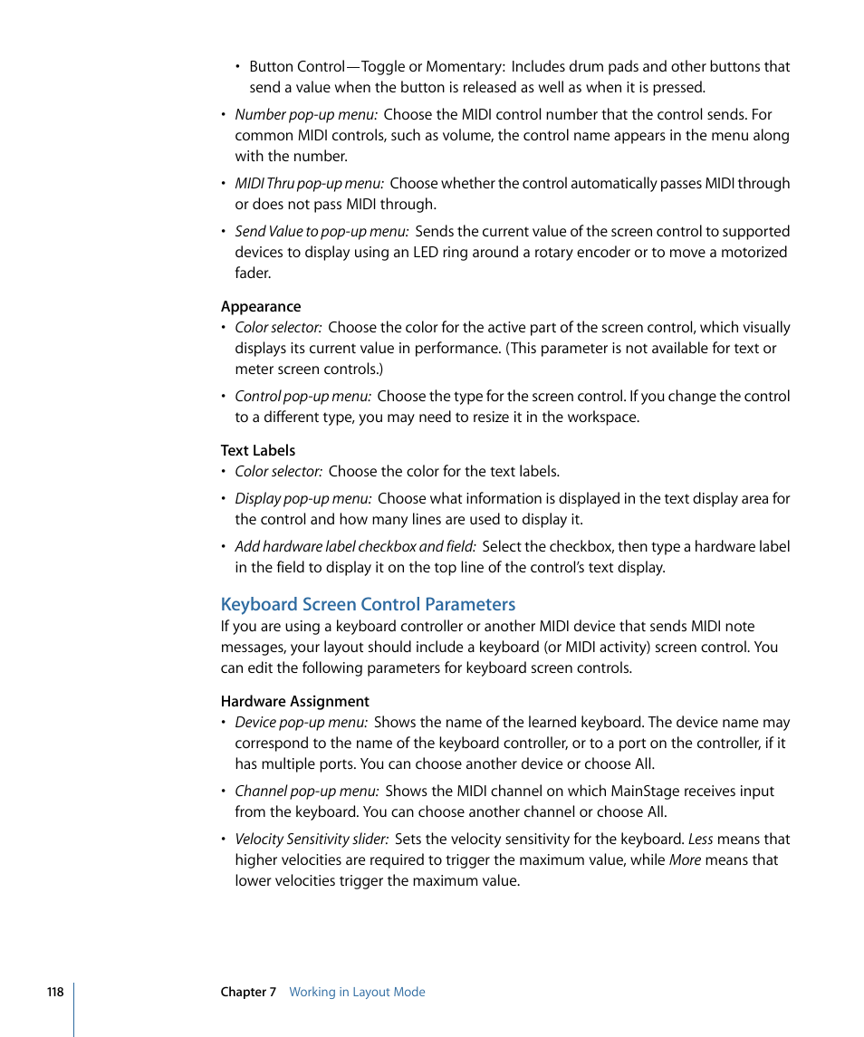 Keyboard screen control parameters | Apple MainStage 2 User Manual | Page 118 / 172