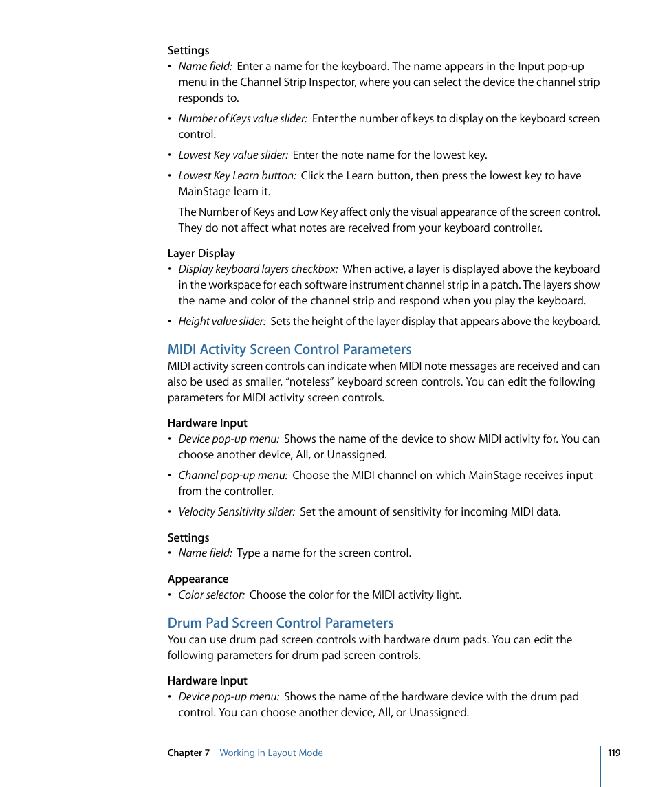 Midi activity screen control parameters, Drum pad screen control parameters | Apple MainStage 2 User Manual | Page 119 / 172