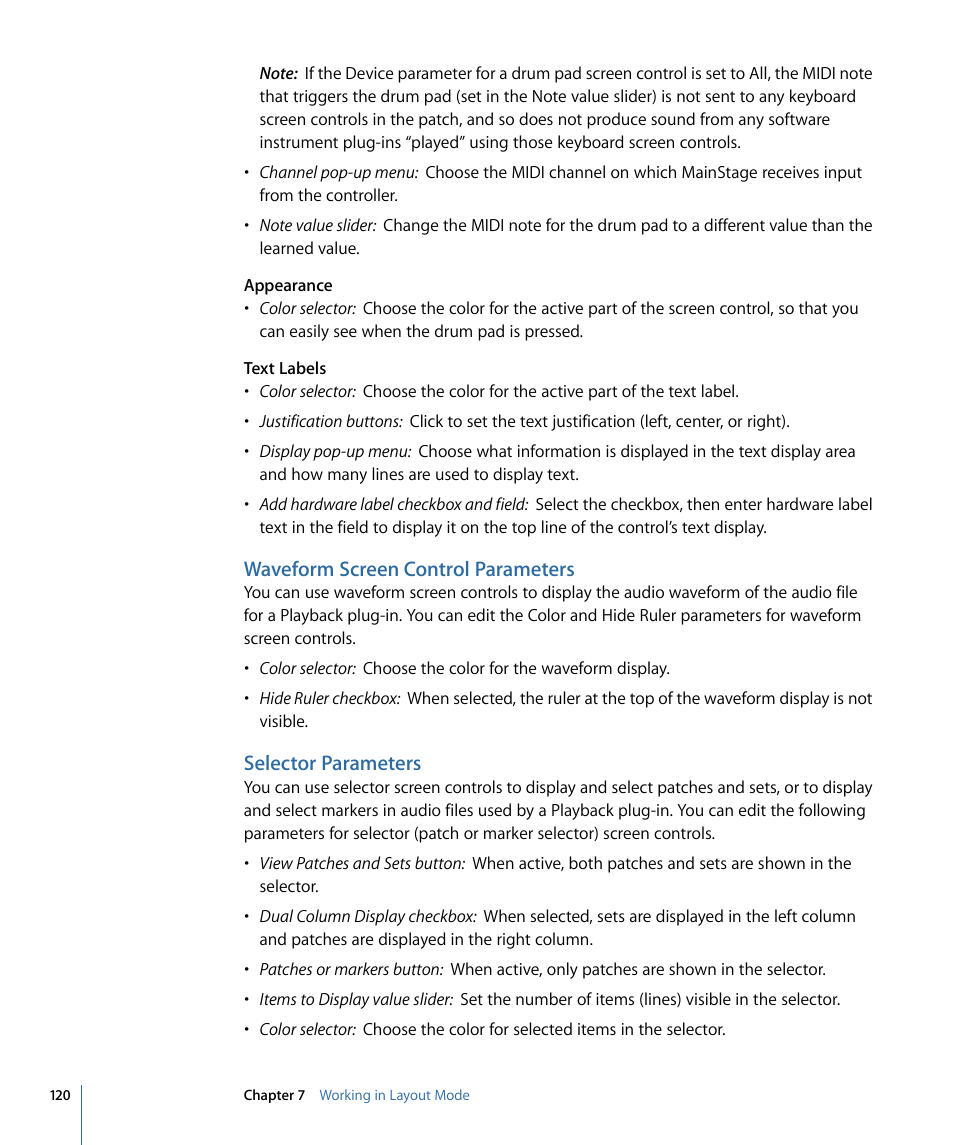 Waveform screen control parameters, Selector parameters | Apple MainStage 2 User Manual | Page 120 / 172