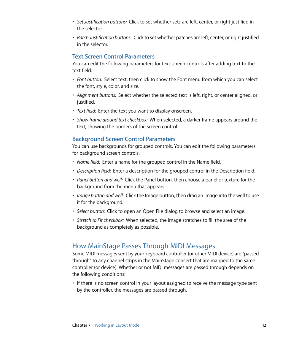 Text screen control parameters, Background screen control parameters, How mainstage passes through midi messages | Apple MainStage 2 User Manual | Page 121 / 172