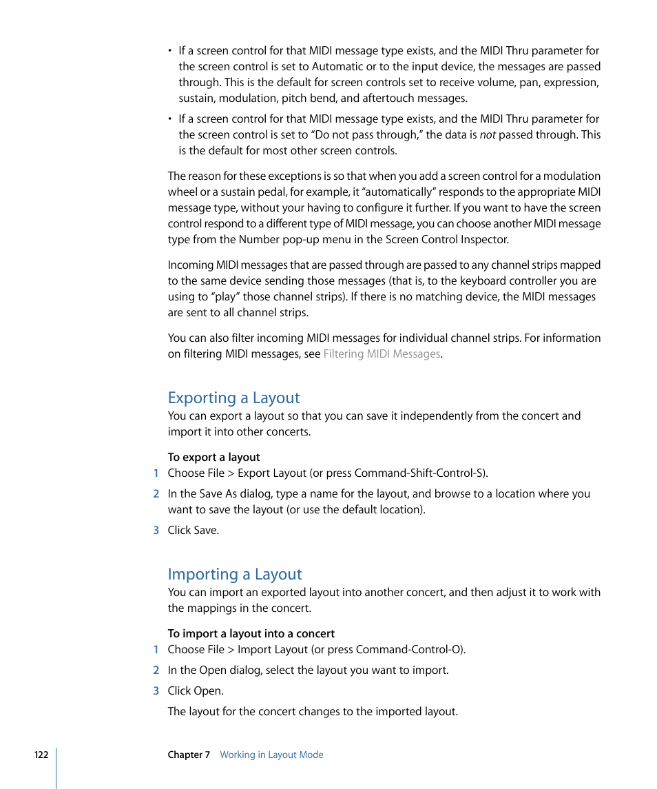 Exporting a layout, Importing a layout, Exporting | A layout | Apple MainStage 2 User Manual | Page 122 / 172