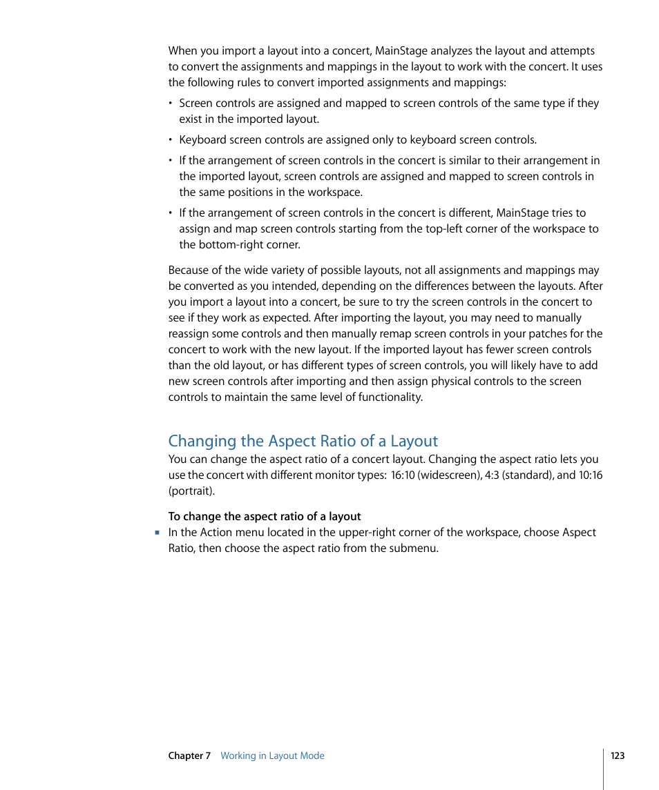 Changing the aspect ratio of a layout | Apple MainStage 2 User Manual | Page 123 / 172