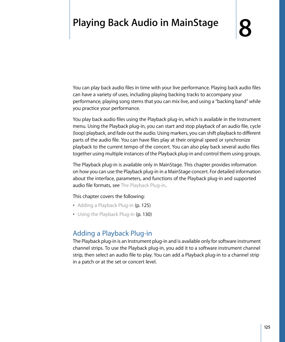 Playing back audio in mainstage, Adding a playback plug-in | Apple MainStage 2 User Manual | Page 125 / 172