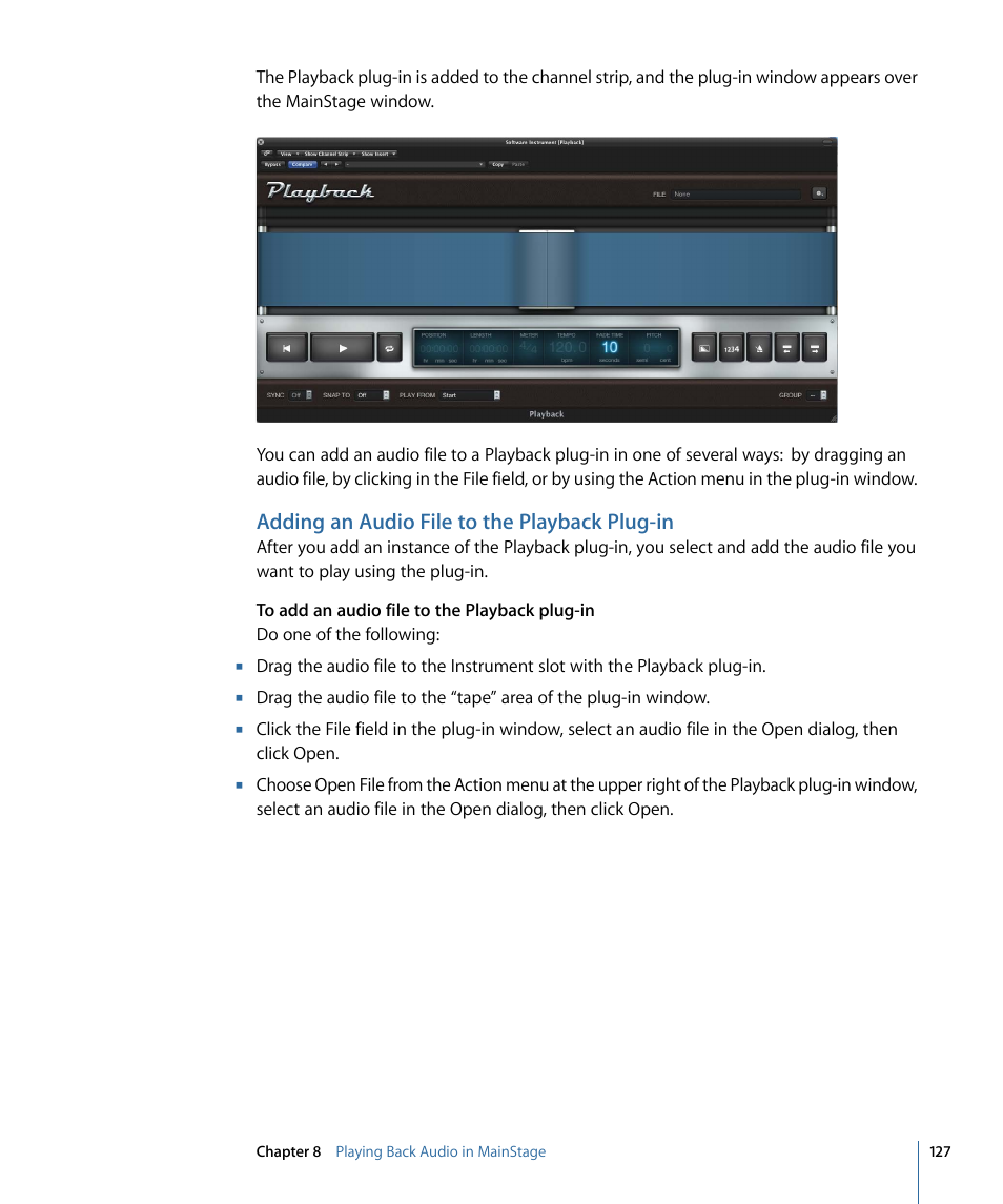 Adding an audio file to the playback plug-in | Apple MainStage 2 User Manual | Page 127 / 172