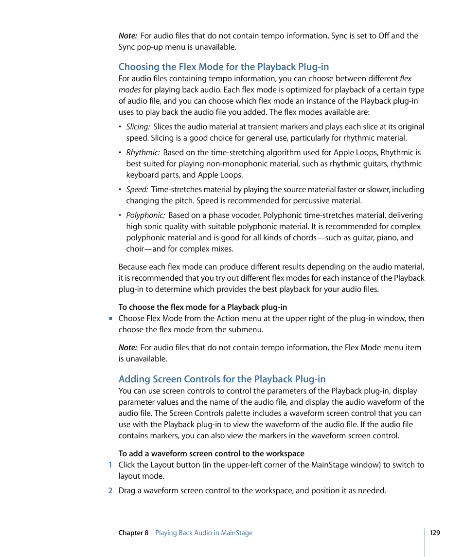 Choosing the flex mode for the playback plug-in, Adding screen controls for the playback plug-in | Apple MainStage 2 User Manual | Page 129 / 172