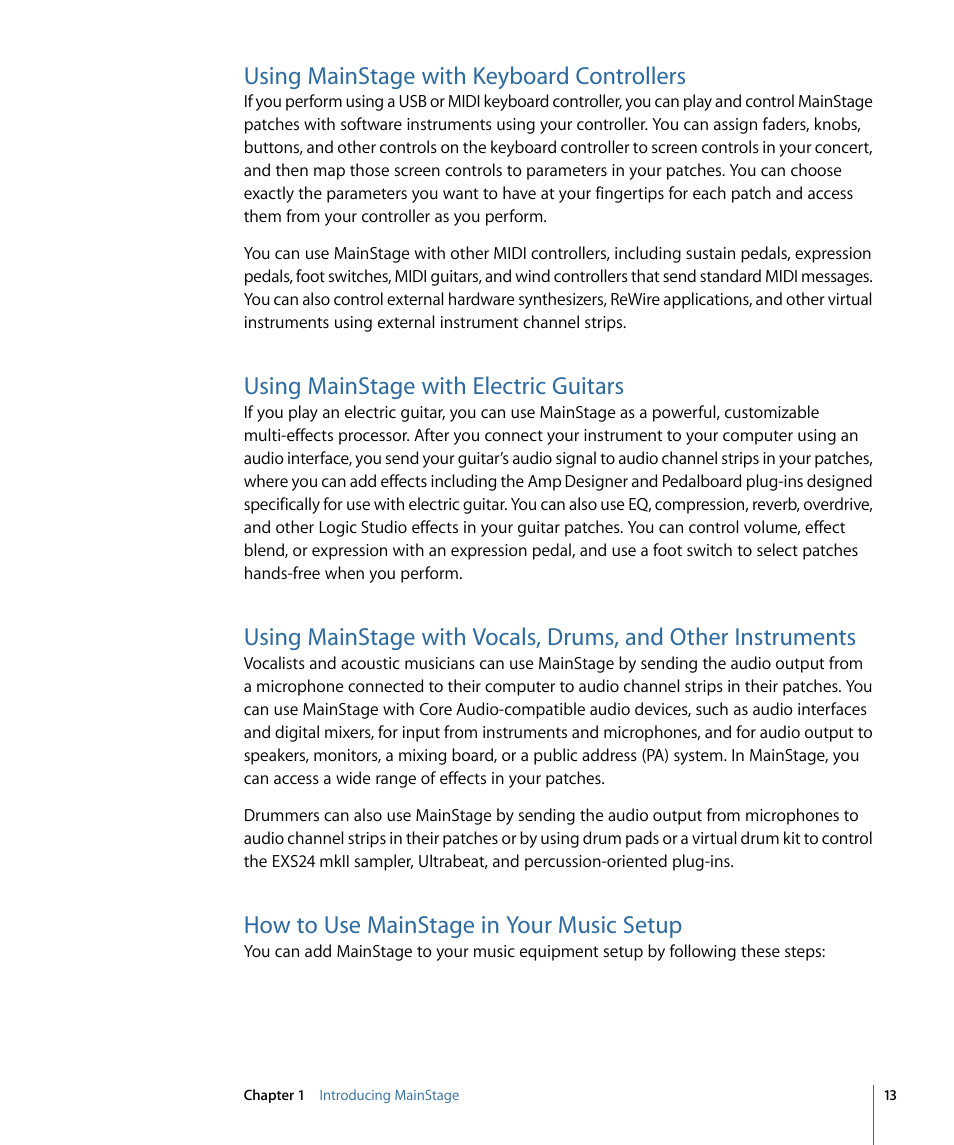 Using mainstage with keyboard controllers, Using mainstage with electric guitars, How to use mainstage in your music setup | Apple MainStage 2 User Manual | Page 13 / 172