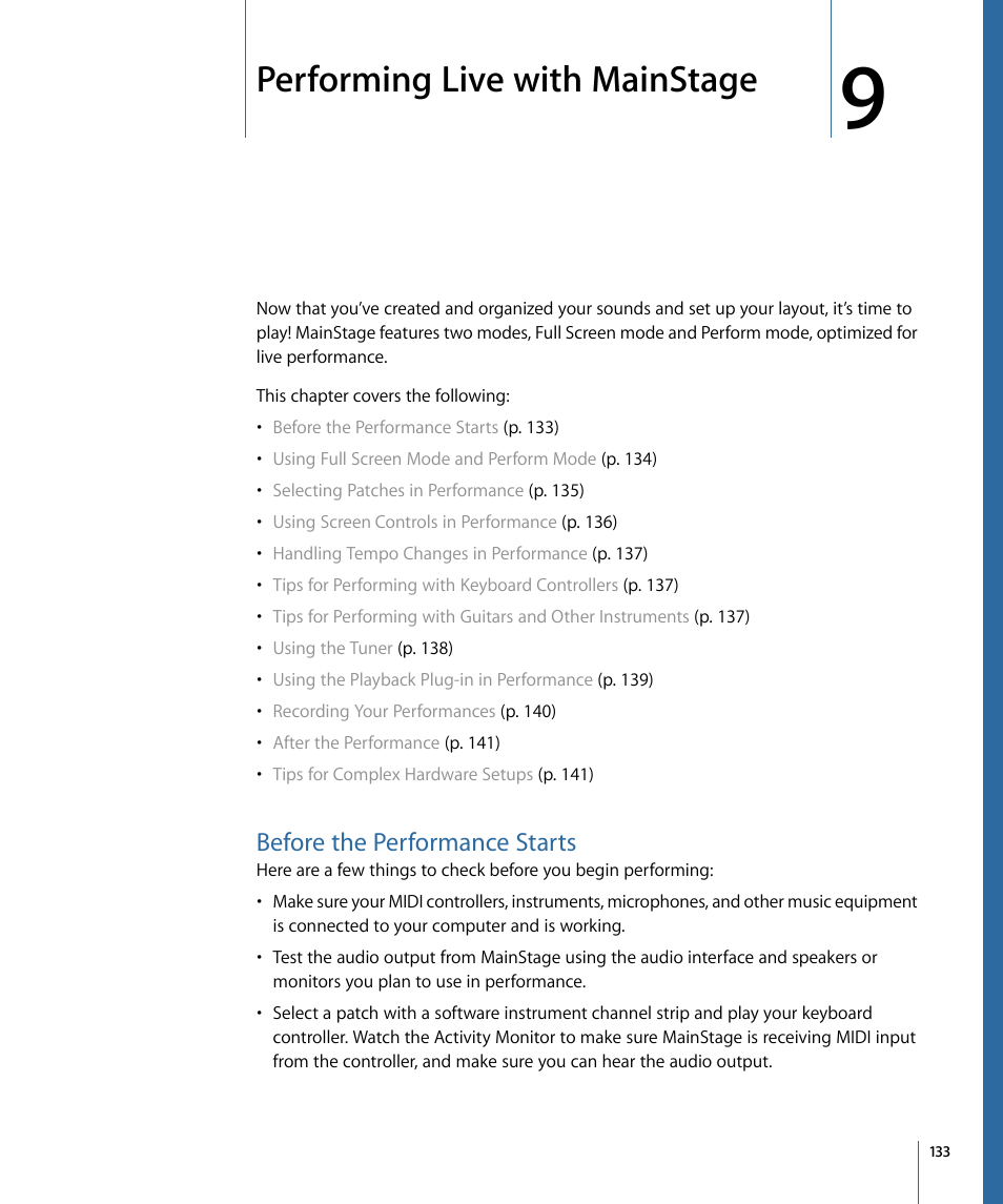 Performing live with mainstage, Before the performance starts, Performing live with | Mainstage | Apple MainStage 2 User Manual | Page 133 / 172