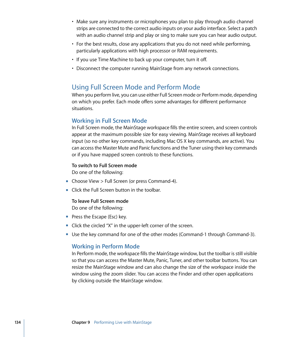 Using full screen mode and perform mode, Working in full screen mode, Working in perform mode | Apple MainStage 2 User Manual | Page 134 / 172