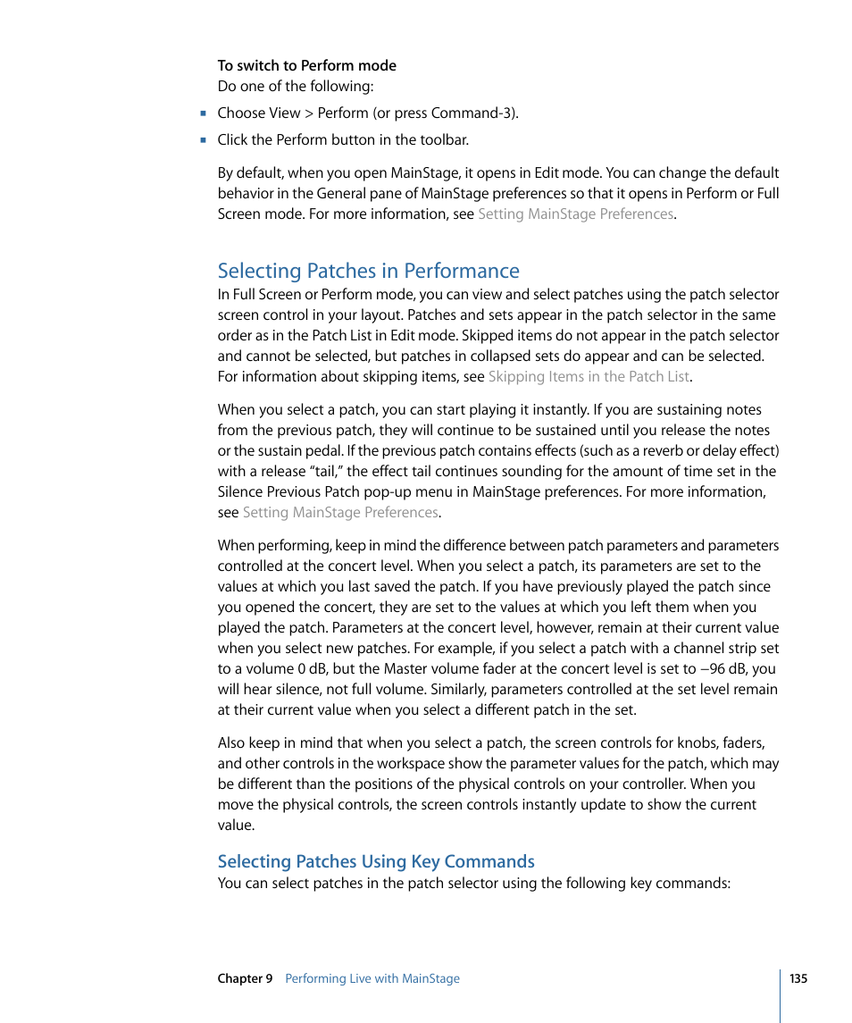 Selecting patches in performance, Selecting patches using key commands | Apple MainStage 2 User Manual | Page 135 / 172