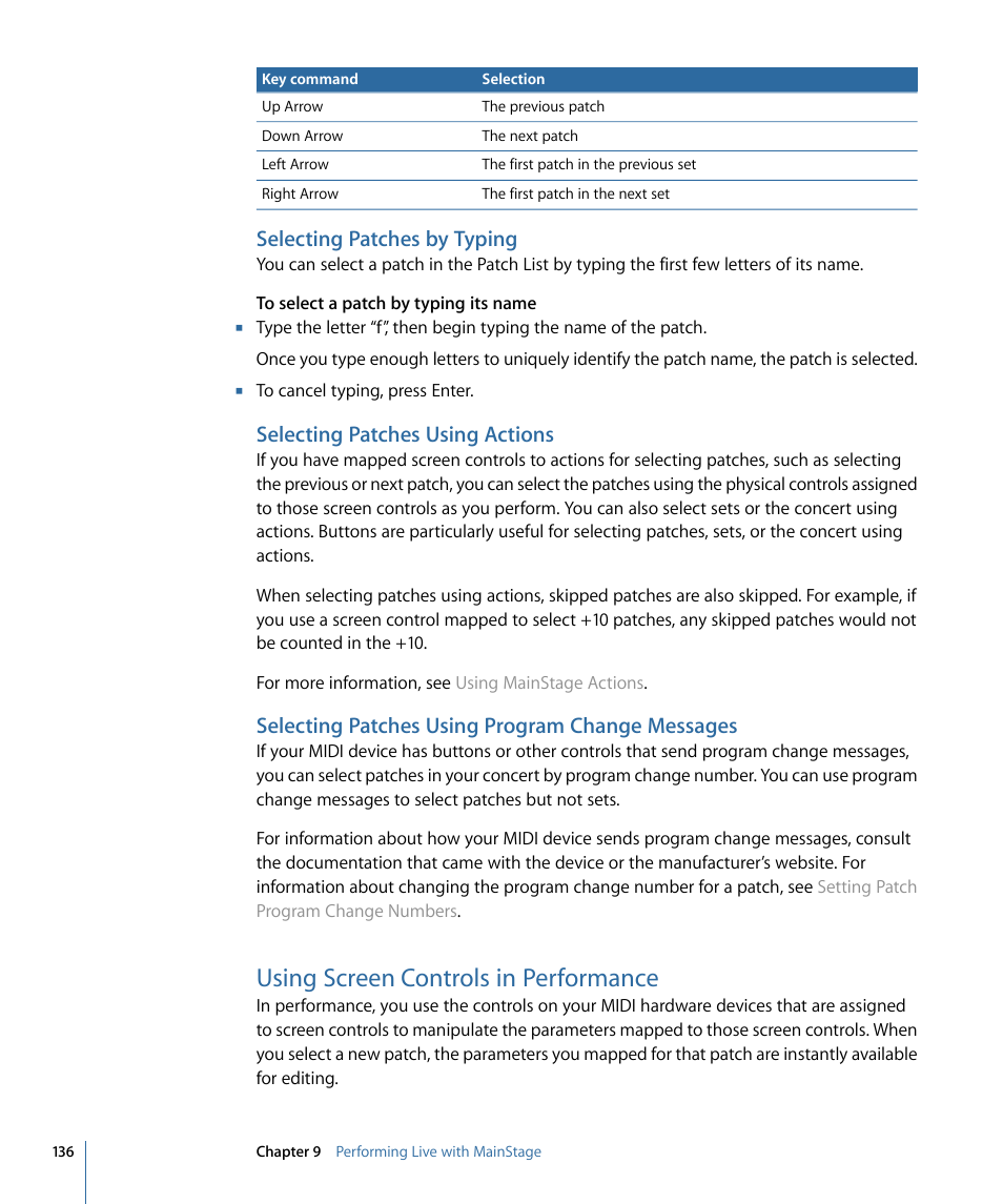 Selecting patches by typing, Selecting patches using actions, Selecting patches using program change messages | Using screen controls in performance | Apple MainStage 2 User Manual | Page 136 / 172