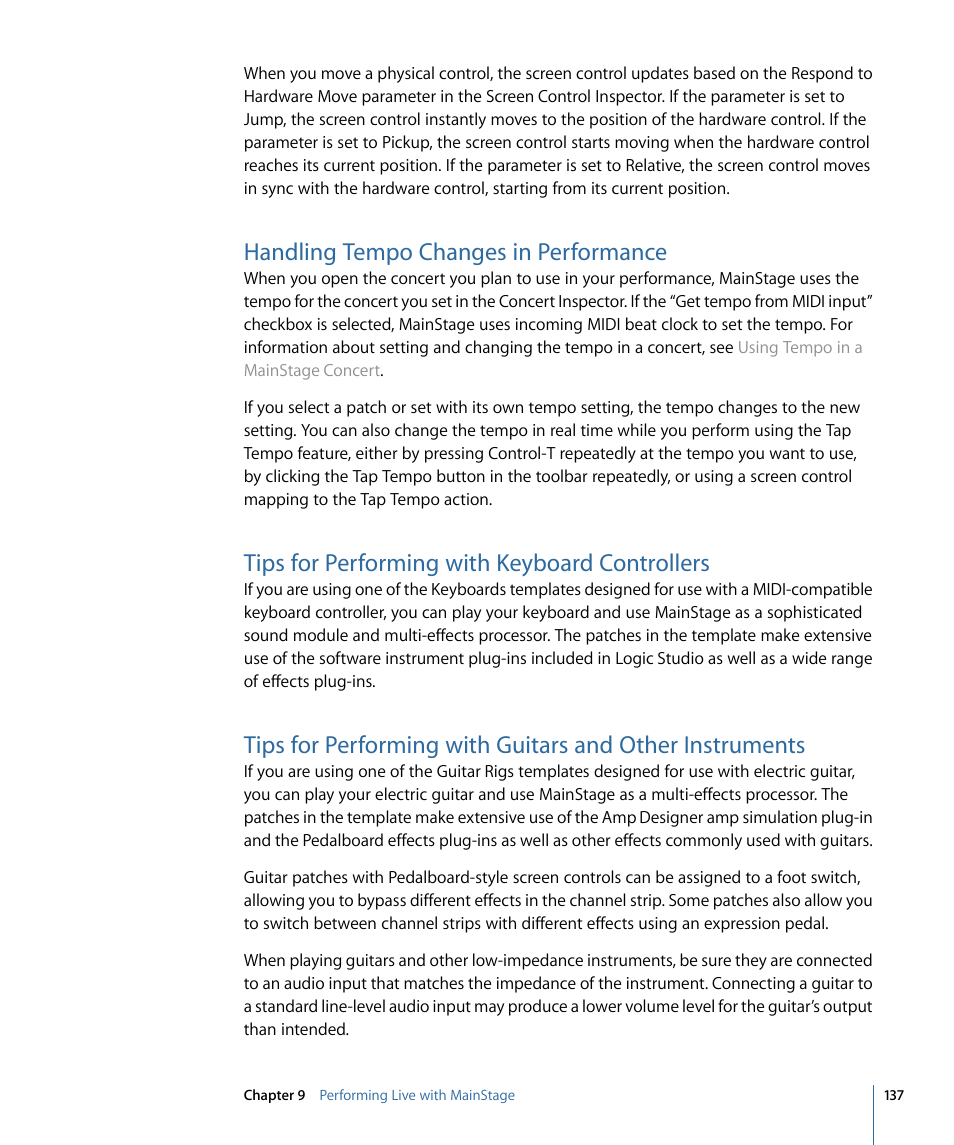 Handling tempo changes in performance, Tips for performing with keyboard controllers | Apple MainStage 2 User Manual | Page 137 / 172
