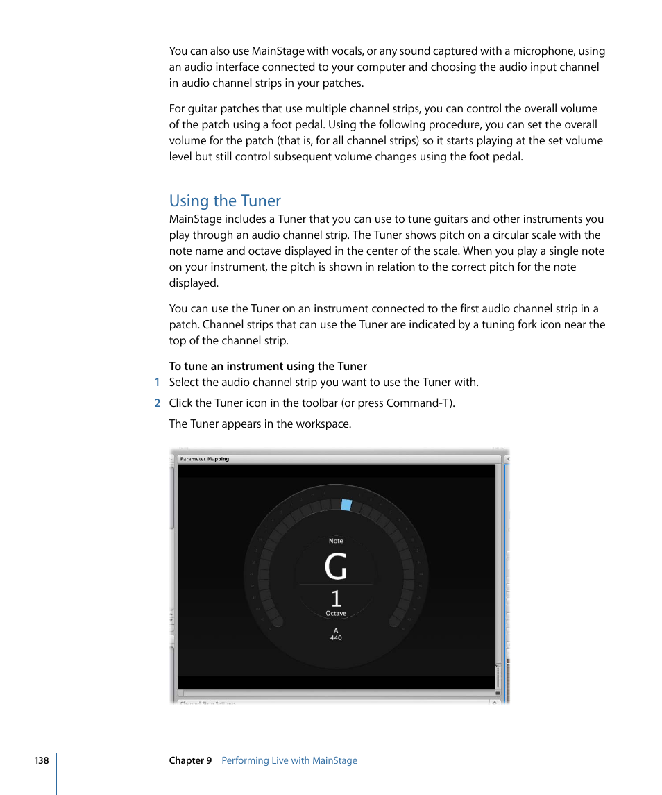 Using the tuner | Apple MainStage 2 User Manual | Page 138 / 172