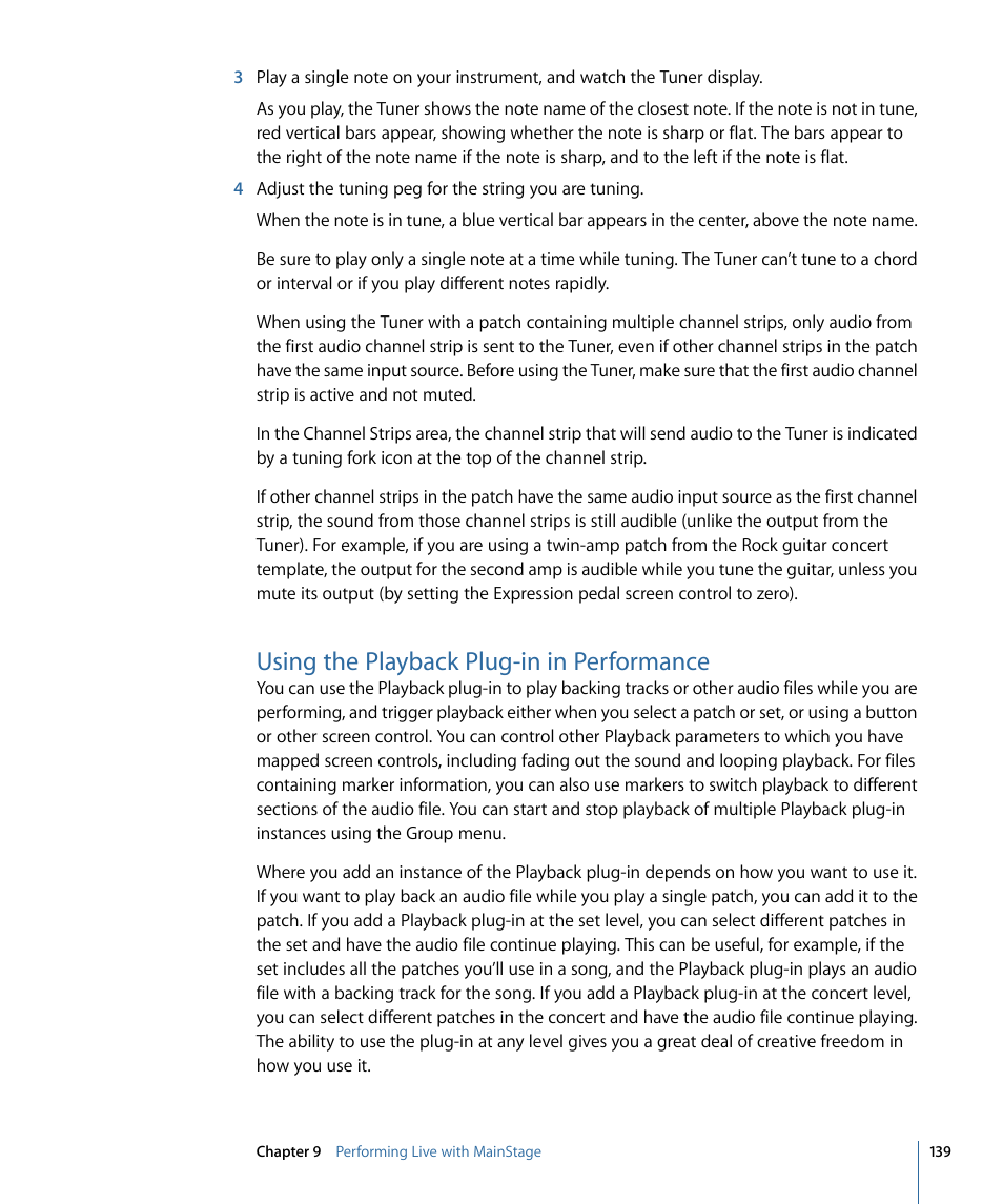 Using the playback plug-in in performance | Apple MainStage 2 User Manual | Page 139 / 172