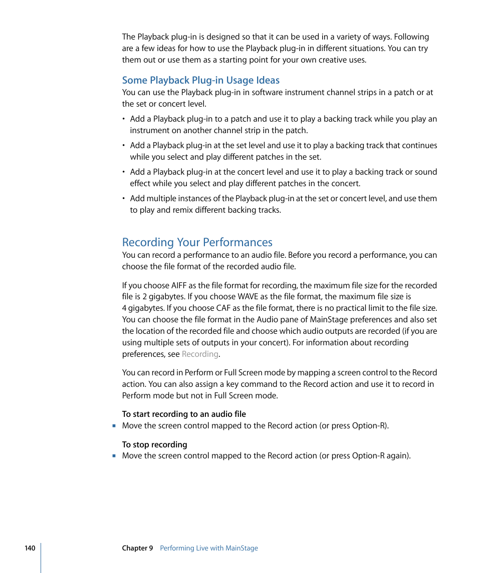 Some playback plug-in usage ideas, Recording your performances | Apple MainStage 2 User Manual | Page 140 / 172
