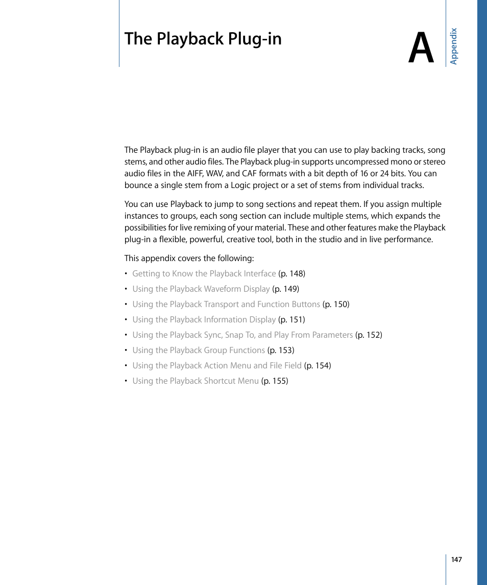 Appendix a: the playback plug-in, The playback plug-in | Apple MainStage 2 User Manual | Page 147 / 172