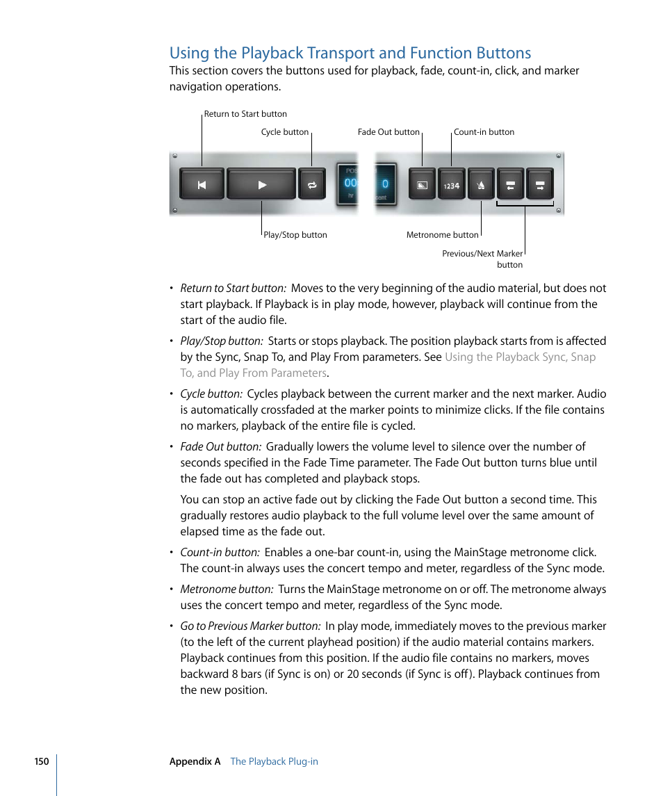 Using the playback transport and function buttons, Using, The playback transport and function buttons | Apple MainStage 2 User Manual | Page 150 / 172