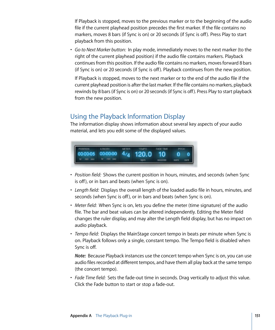 Using the playback information display, Using the playback information, Display | Apple MainStage 2 User Manual | Page 151 / 172