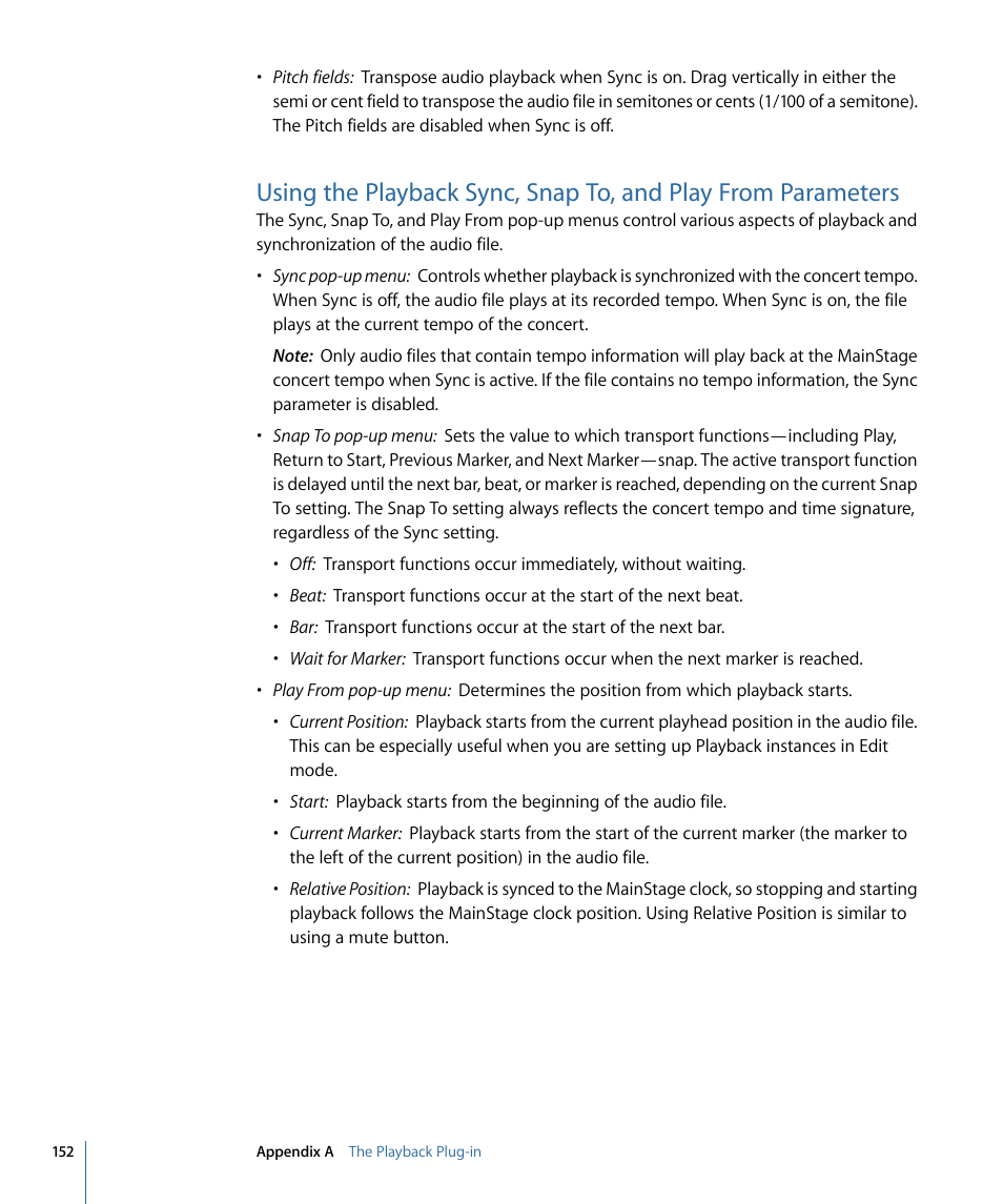 Using the playback sync, snap to, and, Play from parameters, Using | Apple MainStage 2 User Manual | Page 152 / 172