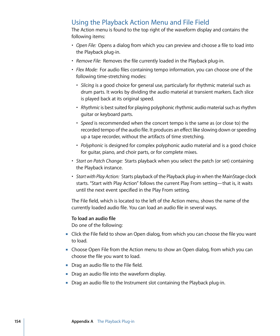Using the playback action menu and file field, Using the, Playback action menu and file field | Apple MainStage 2 User Manual | Page 154 / 172