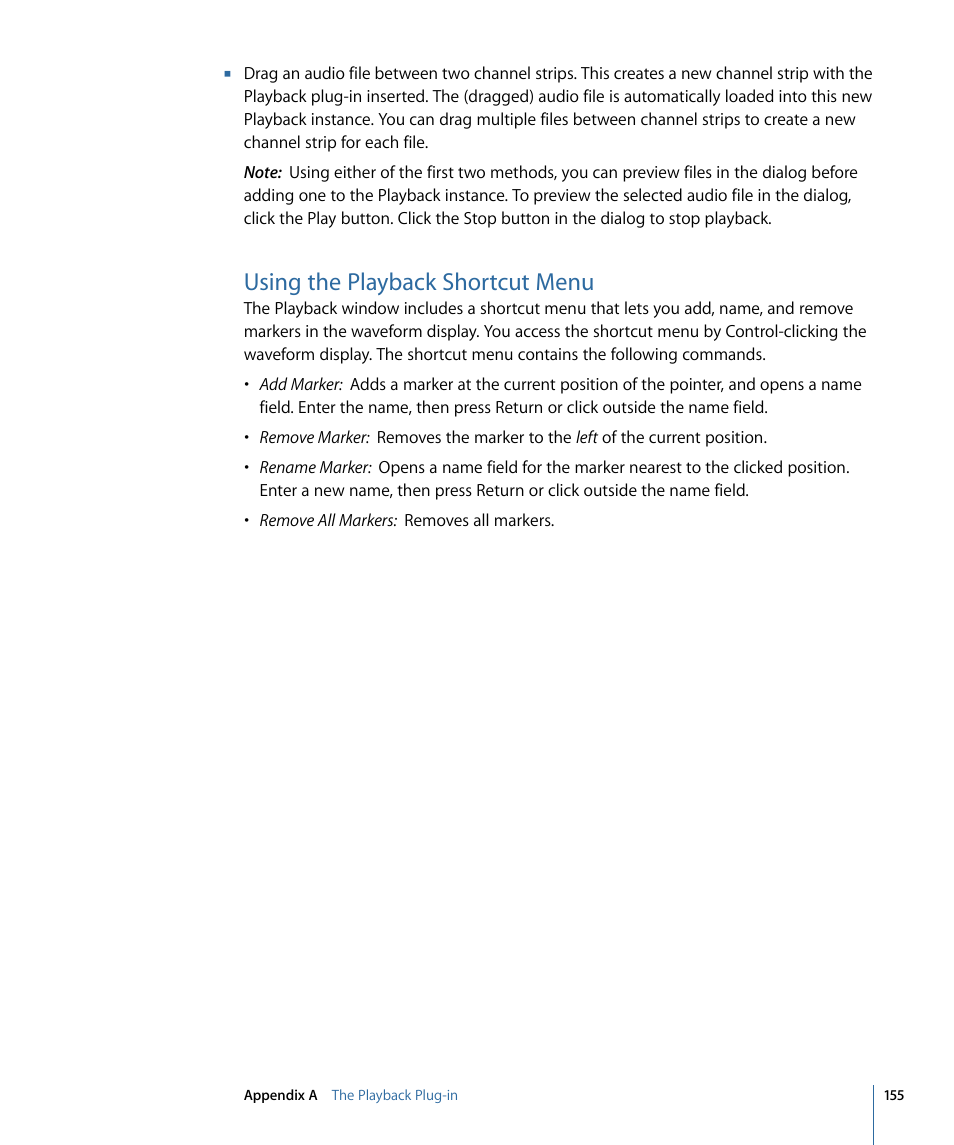 Using the playback shortcut menu | Apple MainStage 2 User Manual | Page 155 / 172