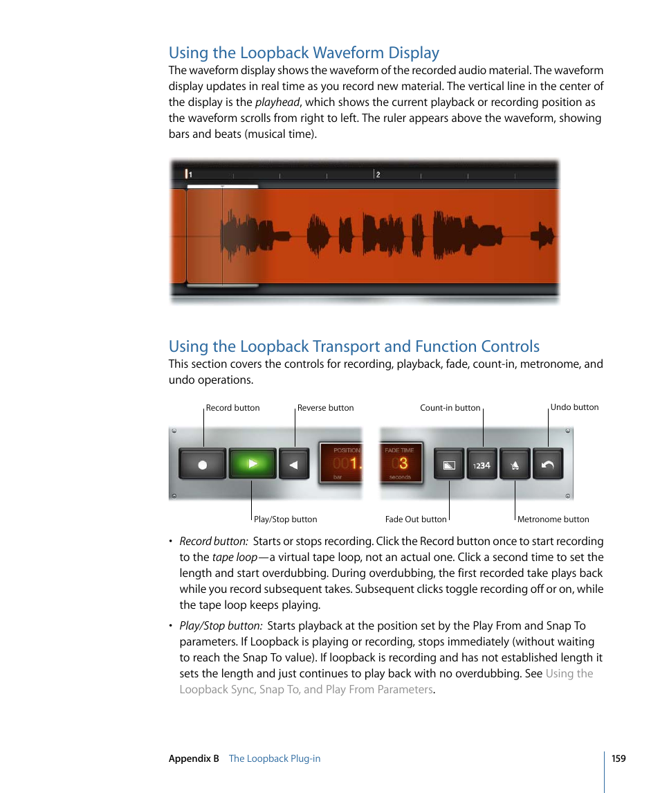 Using the loopback waveform display, Using the loopback transport and function controls, Using the loopback waveform | Display | Apple MainStage 2 User Manual | Page 159 / 172
