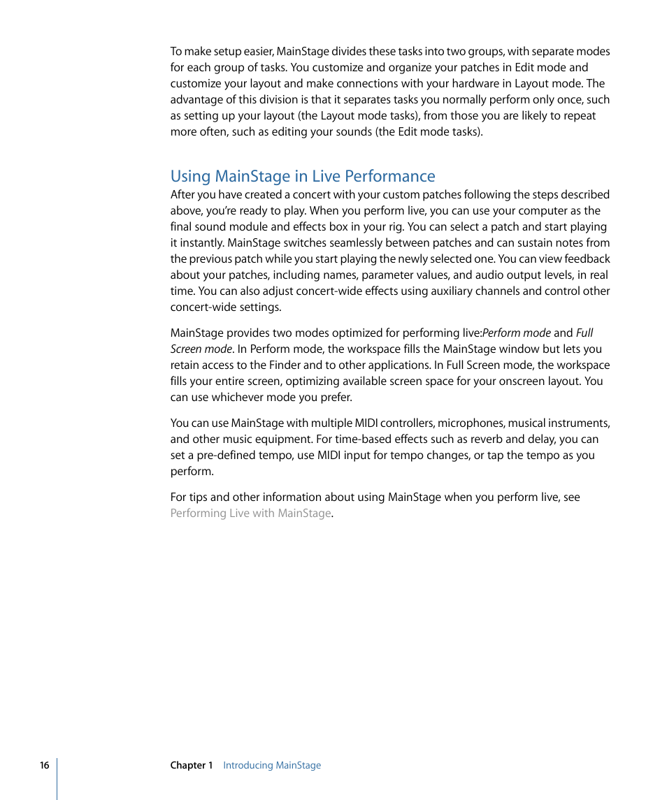 Using mainstage in live performance | Apple MainStage 2 User Manual | Page 16 / 172
