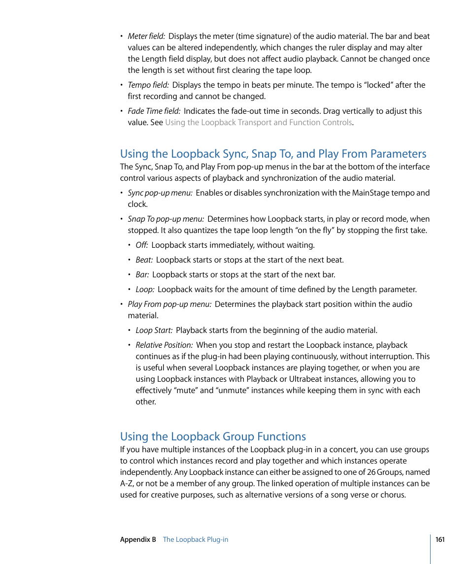 Using the loopback group functions, Using the loopback sync, snap to, and play from, Parameters | Apple MainStage 2 User Manual | Page 161 / 172