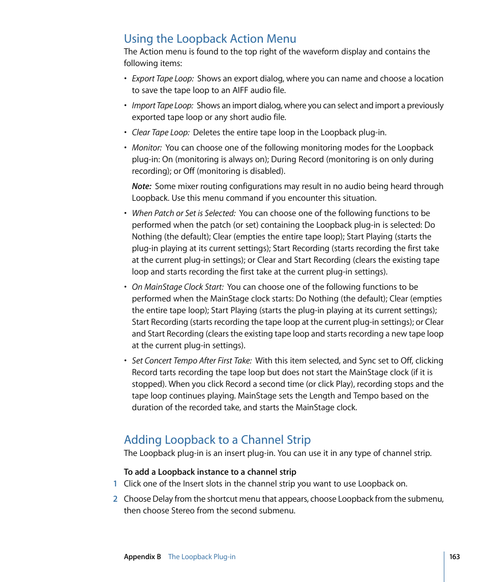 Using the loopback action menu, Adding loopback to a channel strip | Apple MainStage 2 User Manual | Page 163 / 172
