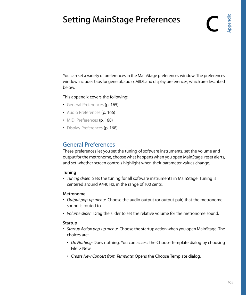 Appendix c: setting mainstage preferences, General preferences, Setting mainstage preferences | Setting mainstage, Preferences | Apple MainStage 2 User Manual | Page 165 / 172