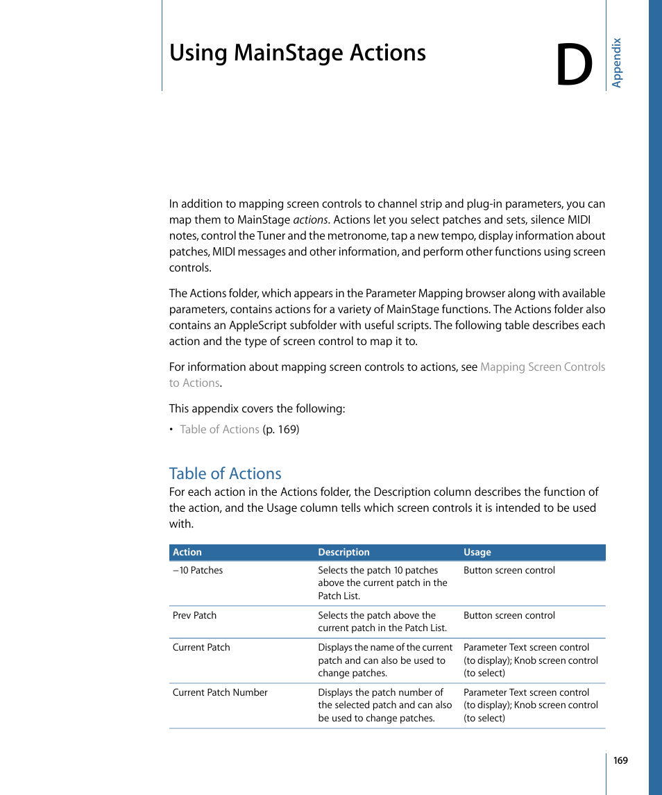 Appendix d: using mainstage actions, Table of actions, Using | Mainstage actions, Using mainstage actions | Apple MainStage 2 User Manual | Page 169 / 172