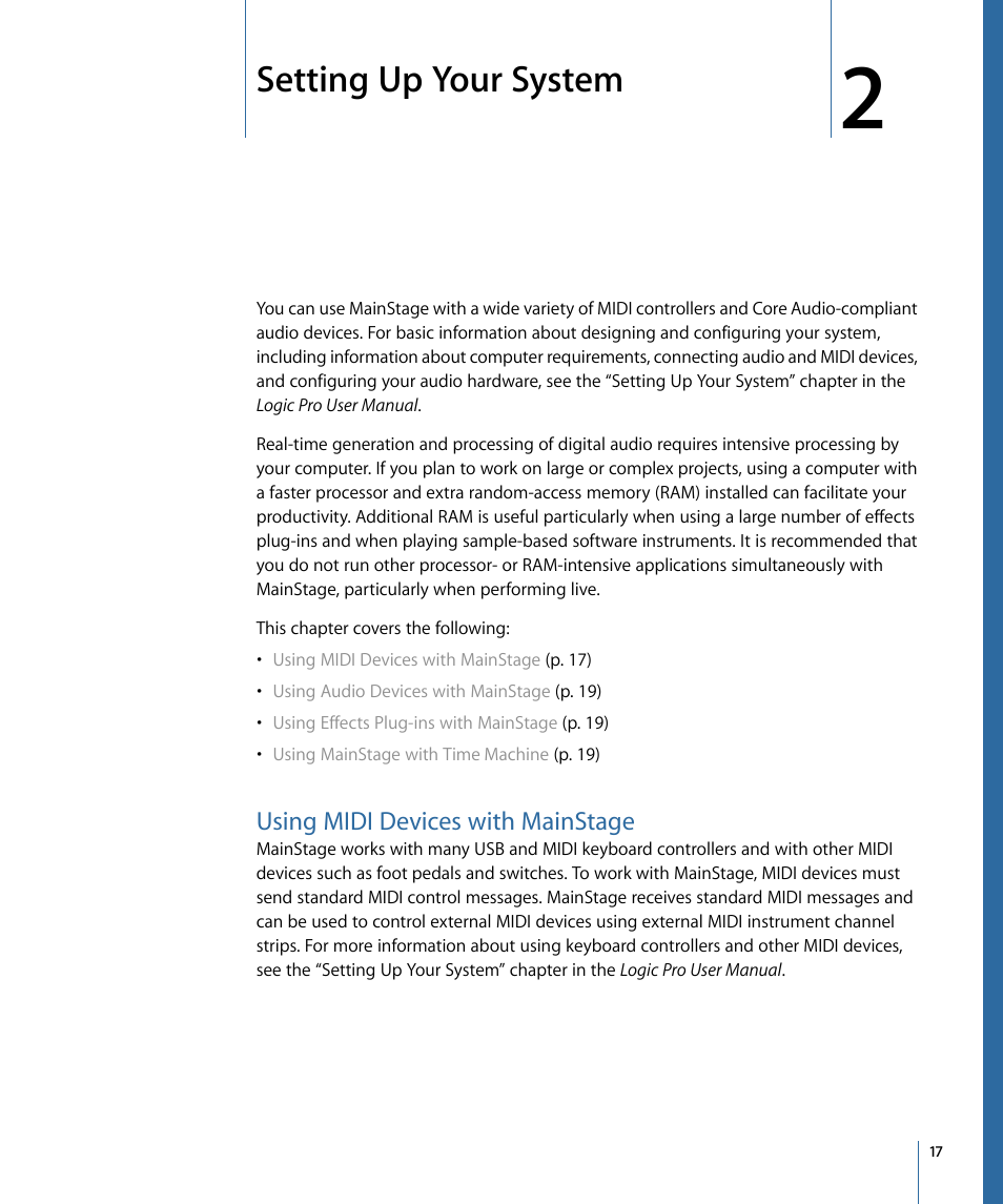 Setting up your system, Using midi devices with mainstage | Apple MainStage 2 User Manual | Page 17 / 172