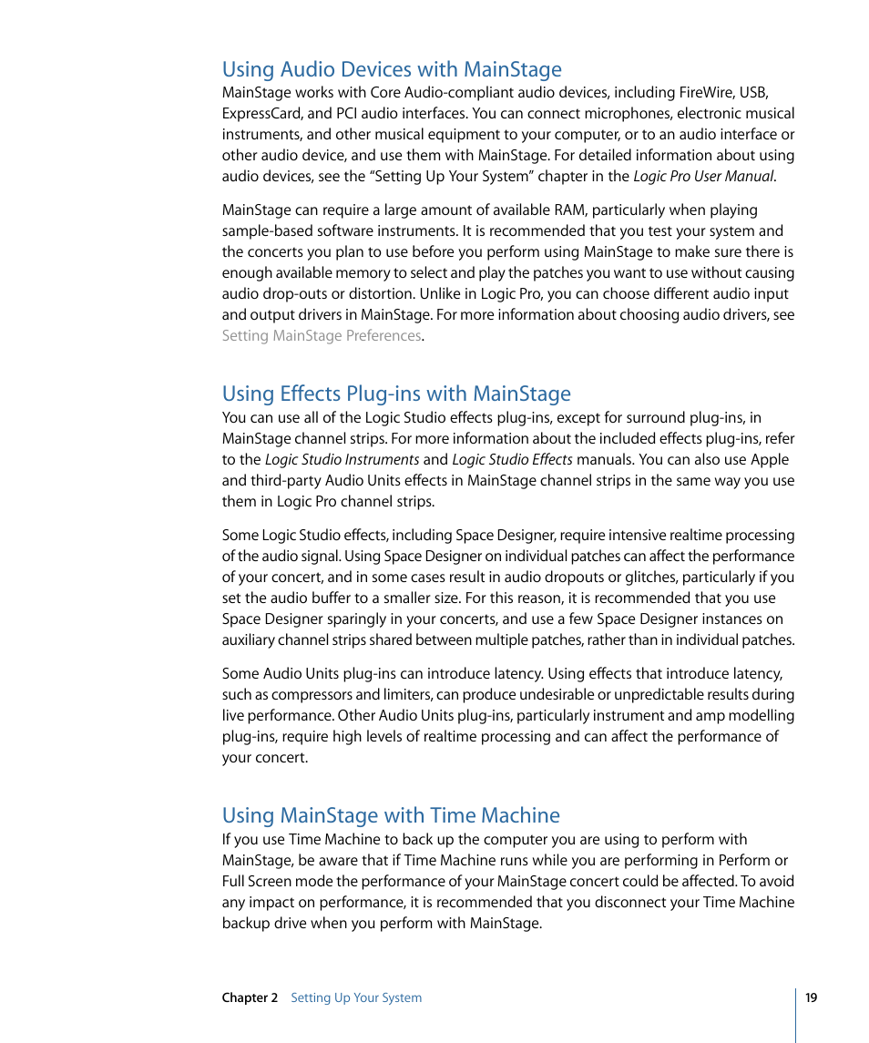 Using audio devices with mainstage, Using effects plug-ins with mainstage, Using mainstage with time machine | Apple MainStage 2 User Manual | Page 19 / 172