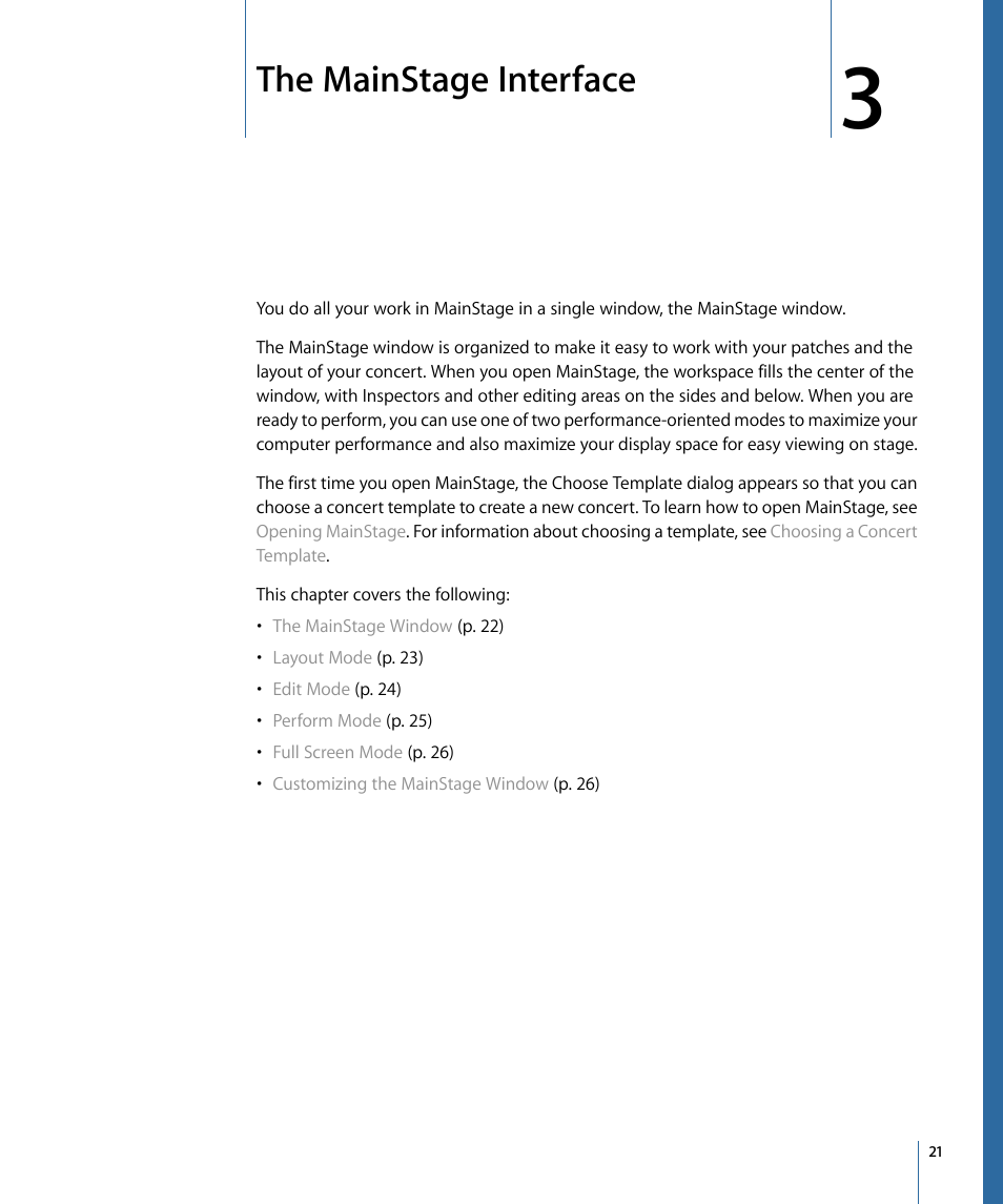 The mainstage interface | Apple MainStage 2 User Manual | Page 21 / 172