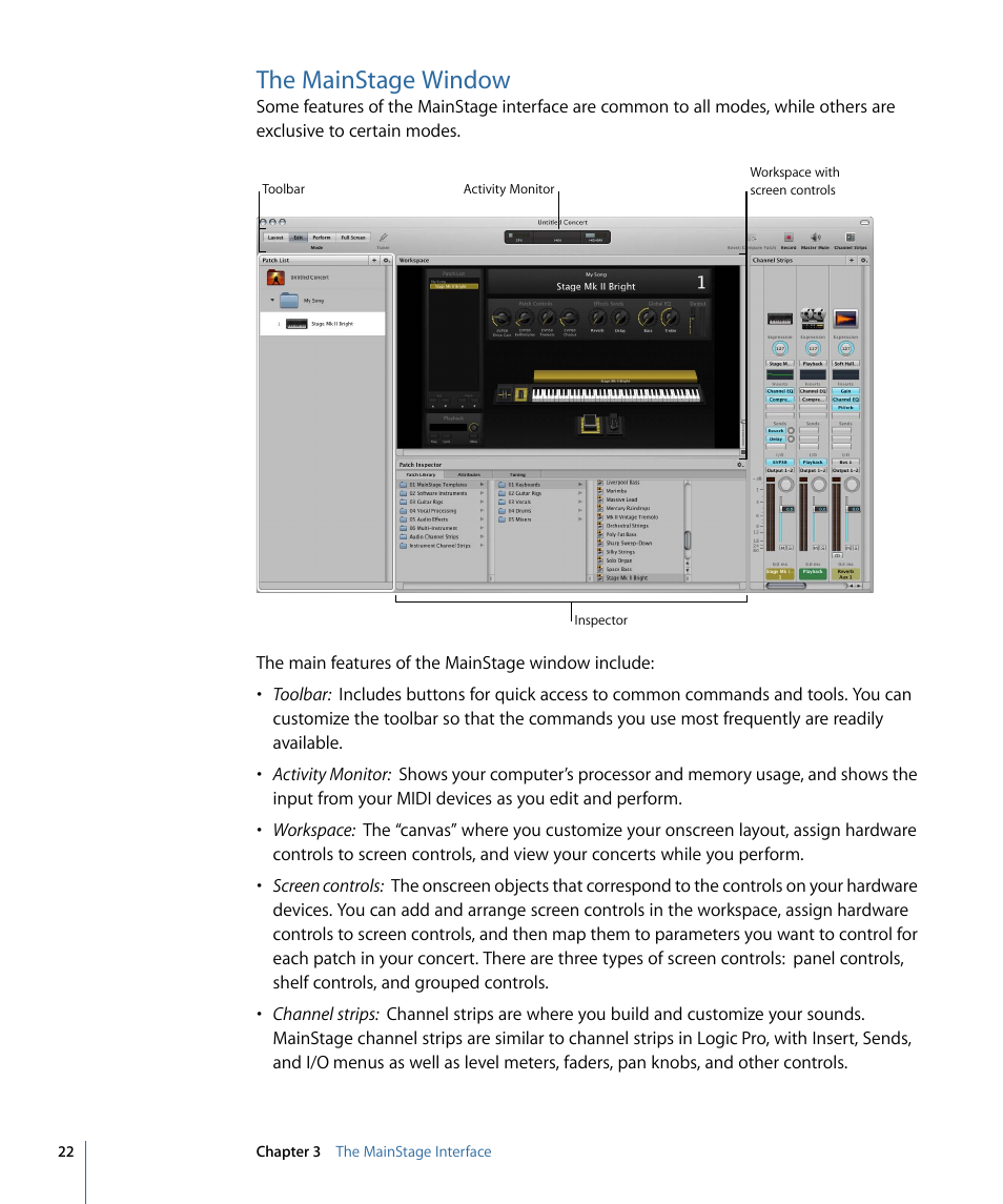 The mainstage window | Apple MainStage 2 User Manual | Page 22 / 172