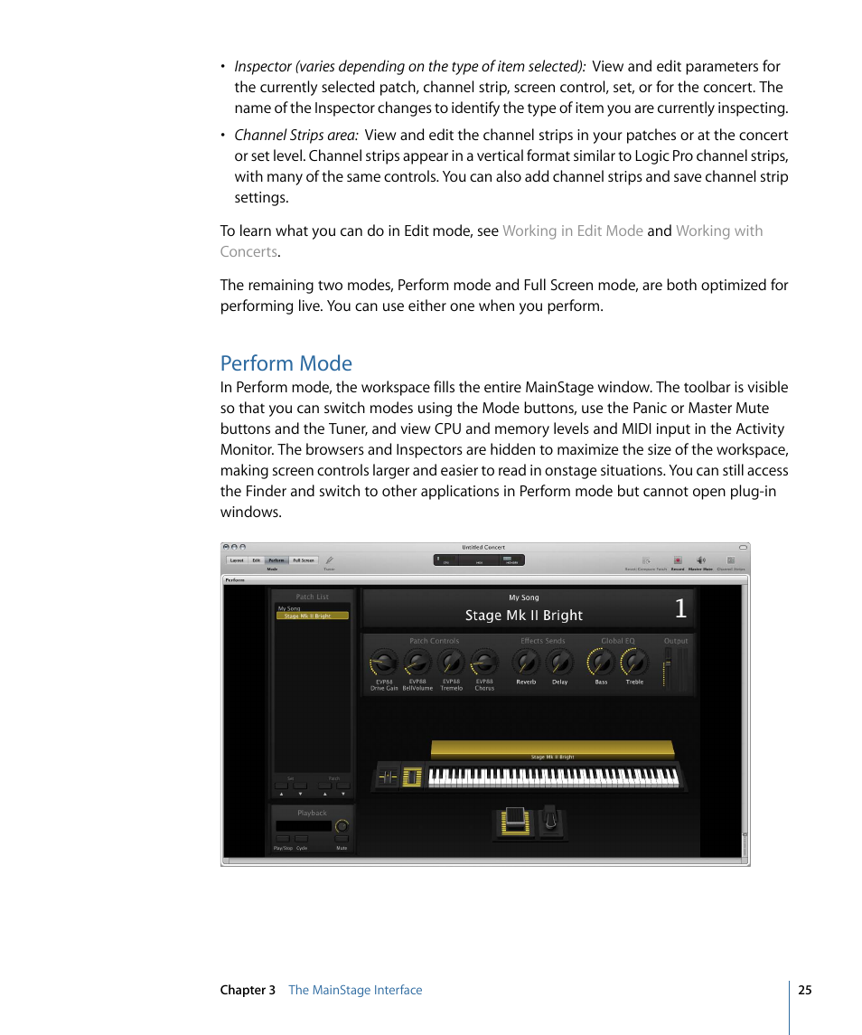 Perform mode | Apple MainStage 2 User Manual | Page 25 / 172