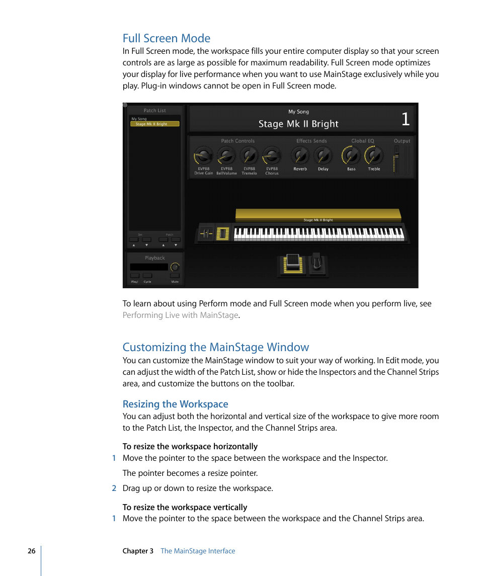 Full screen mode, Customizing the mainstage window, Resizing the workspace | Apple MainStage 2 User Manual | Page 26 / 172