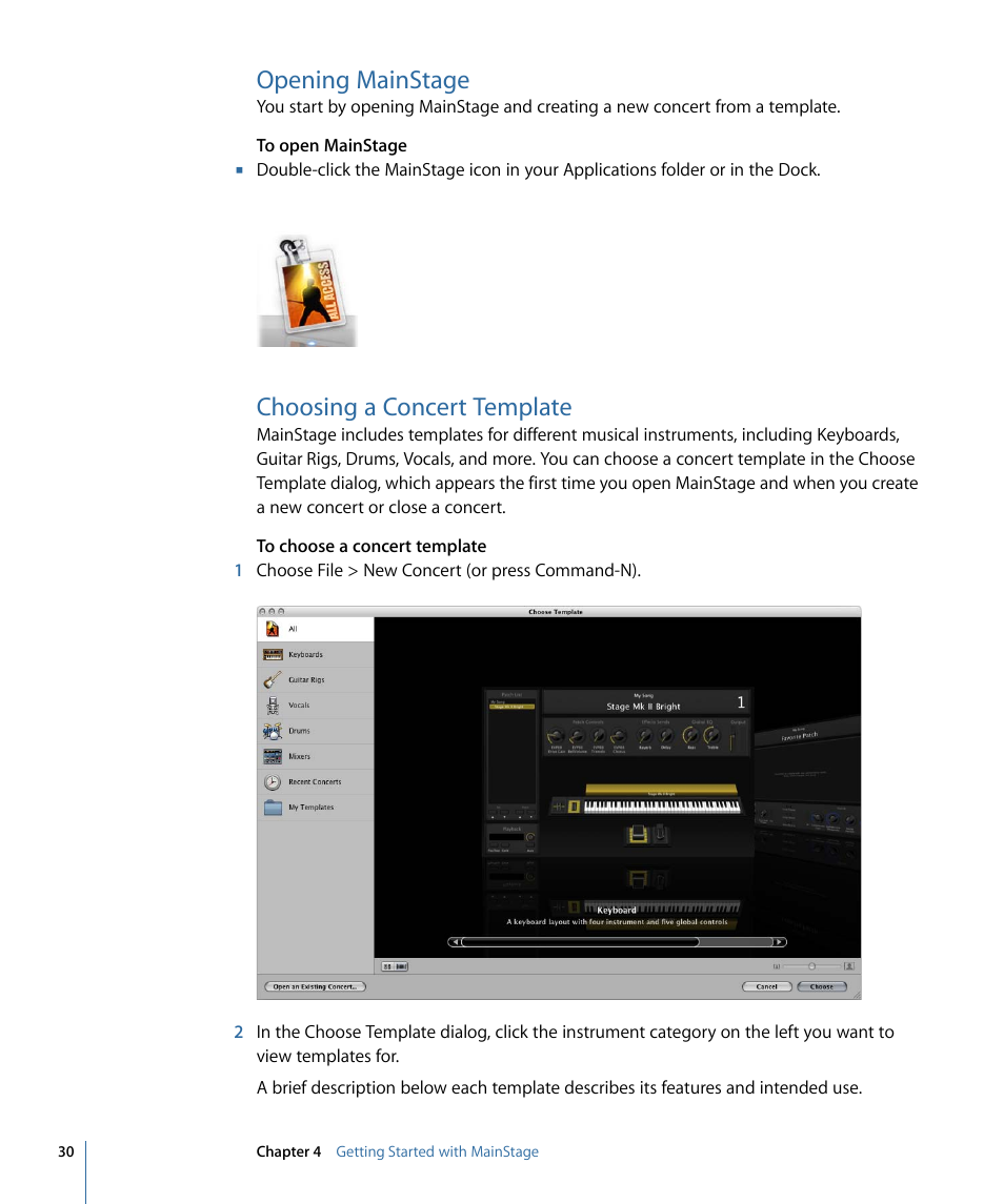 Opening mainstage, Choosing a concert template, Choosing a concert | Template | Apple MainStage 2 User Manual | Page 30 / 172