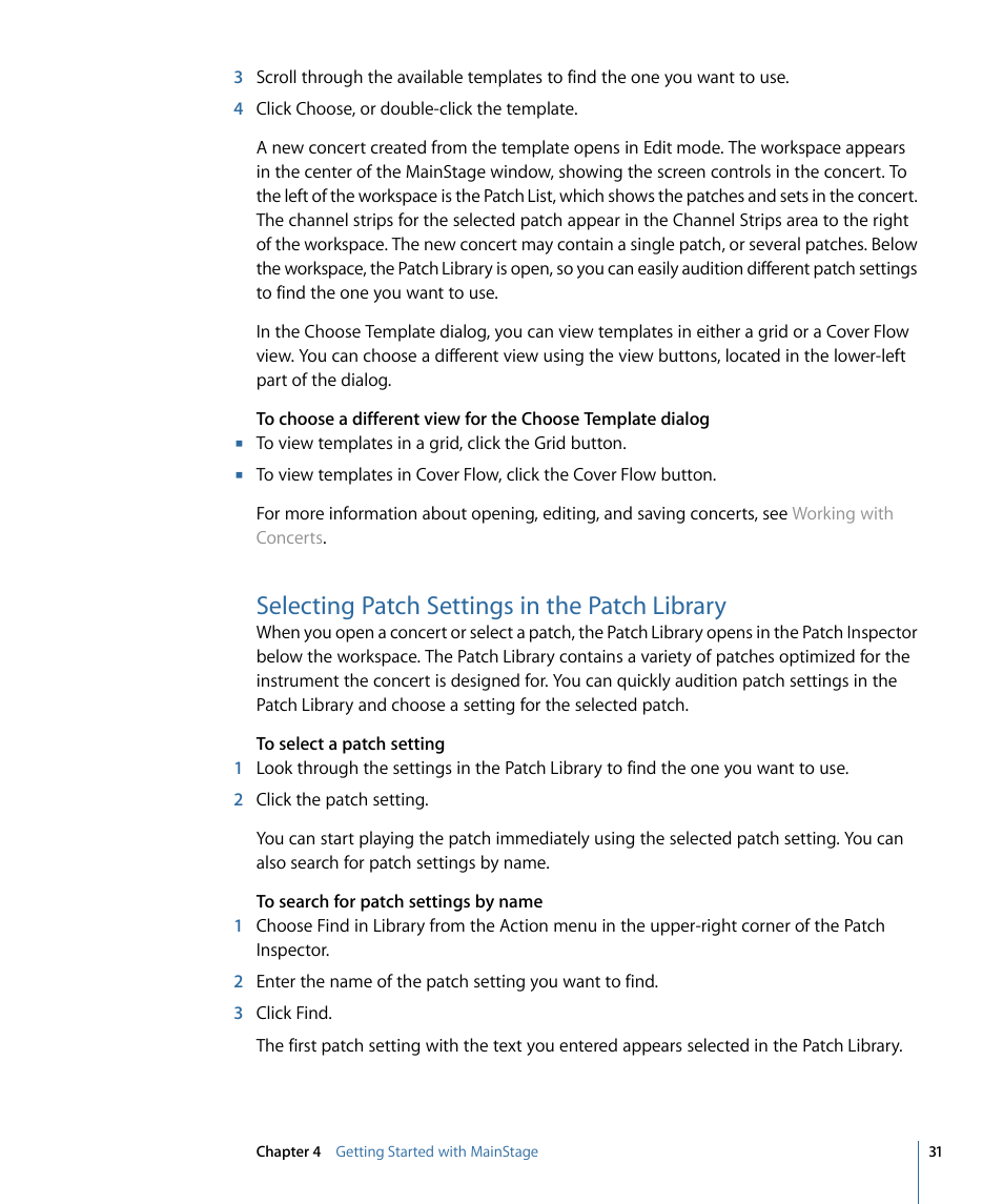 Selecting patch settings in the patch library | Apple MainStage 2 User Manual | Page 31 / 172