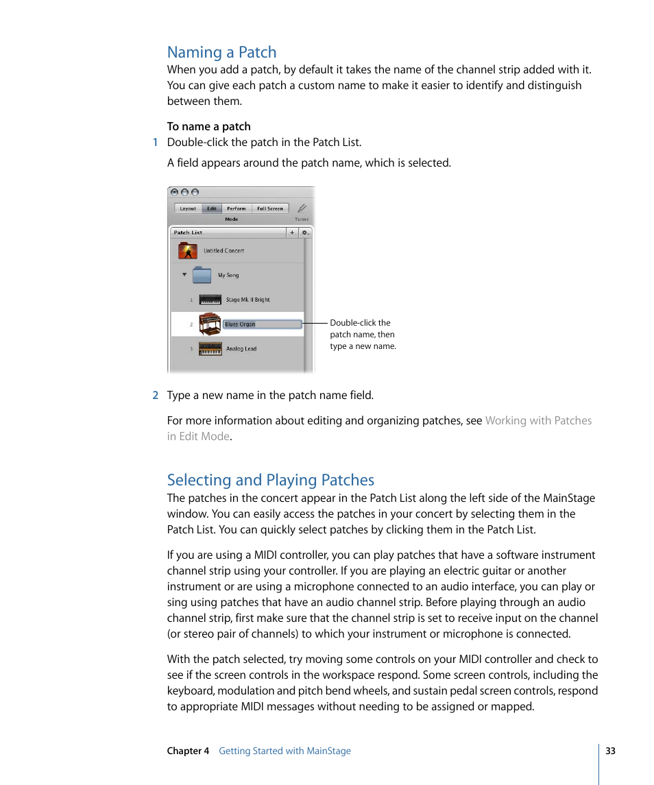 Naming a patch, Selecting and playing patches | Apple MainStage 2 User Manual | Page 33 / 172
