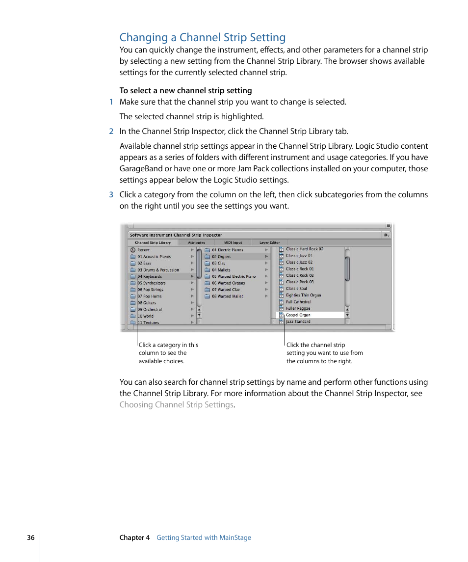 Changing a channel strip setting | Apple MainStage 2 User Manual | Page 36 / 172