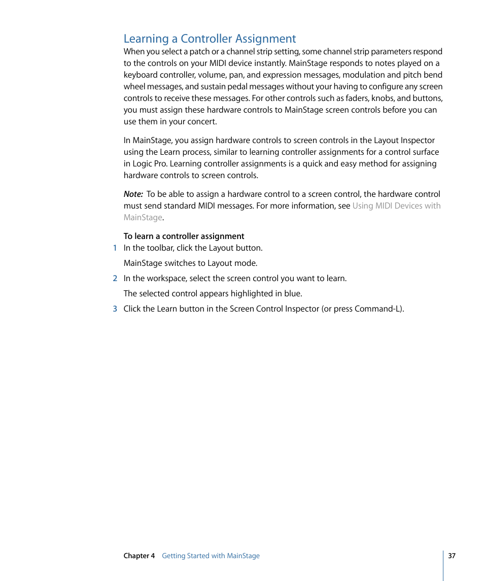 Learning a controller assignment | Apple MainStage 2 User Manual | Page 37 / 172