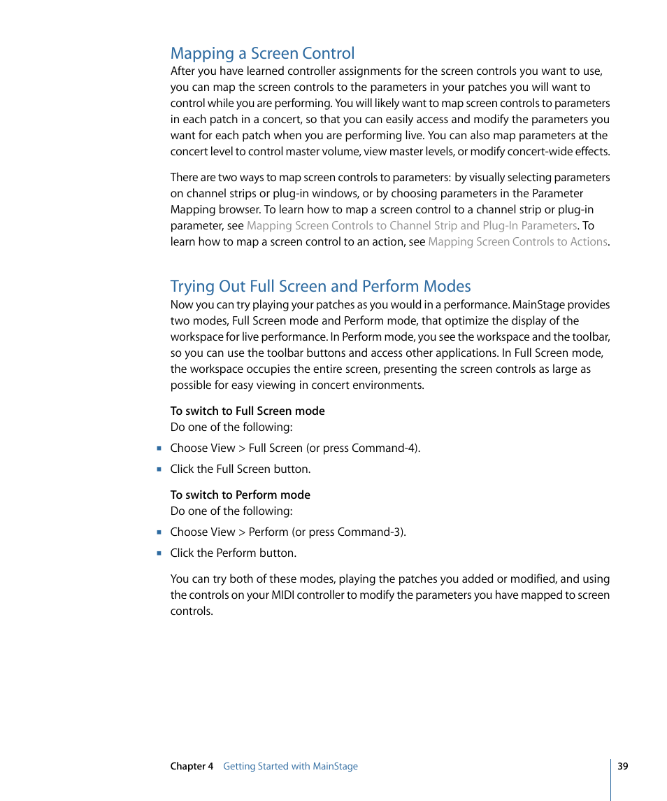 Mapping a screen control, Trying out full screen and perform modes | Apple MainStage 2 User Manual | Page 39 / 172