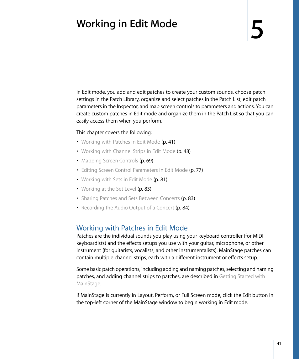 Working in edit mode, Working with patches in edit mode | Apple MainStage 2 User Manual | Page 41 / 172